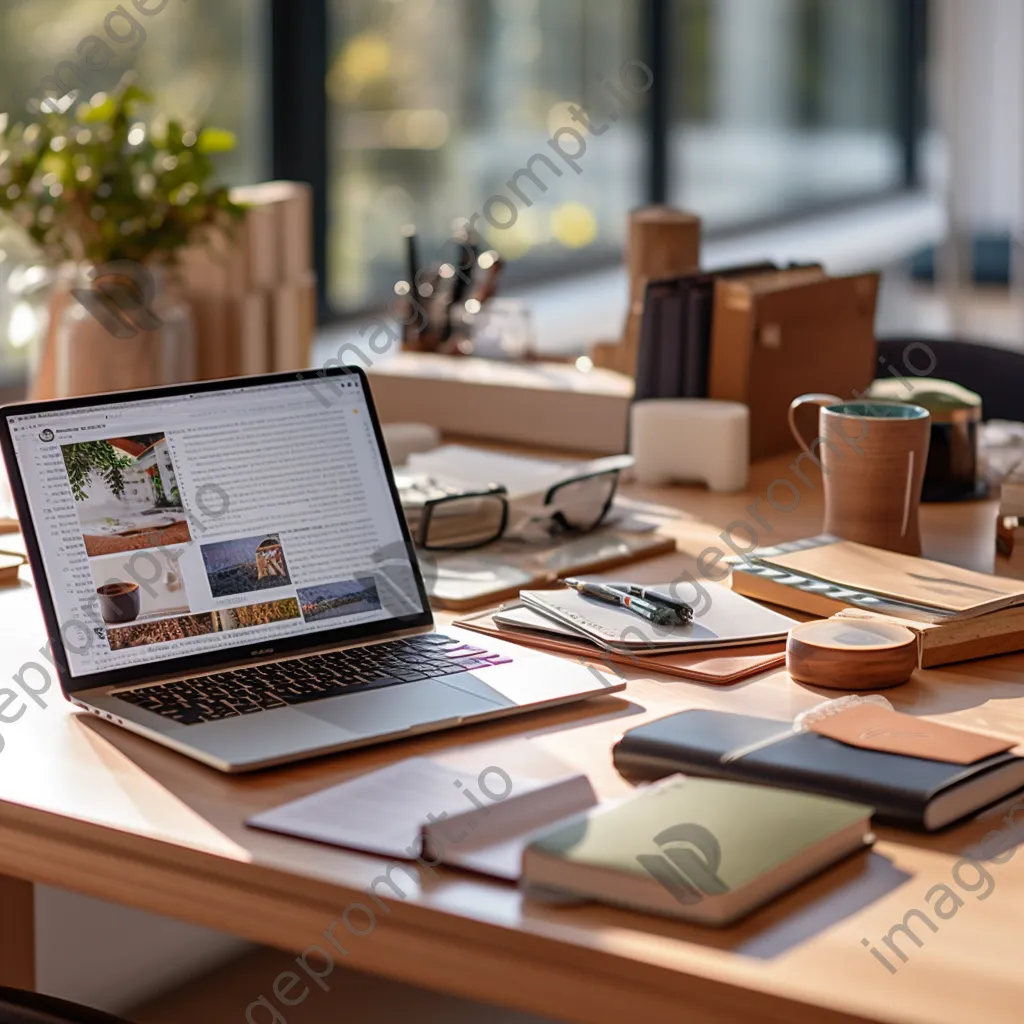 Neatly organized desk with modern office supplies and a laptop in soft morning light - Image 1