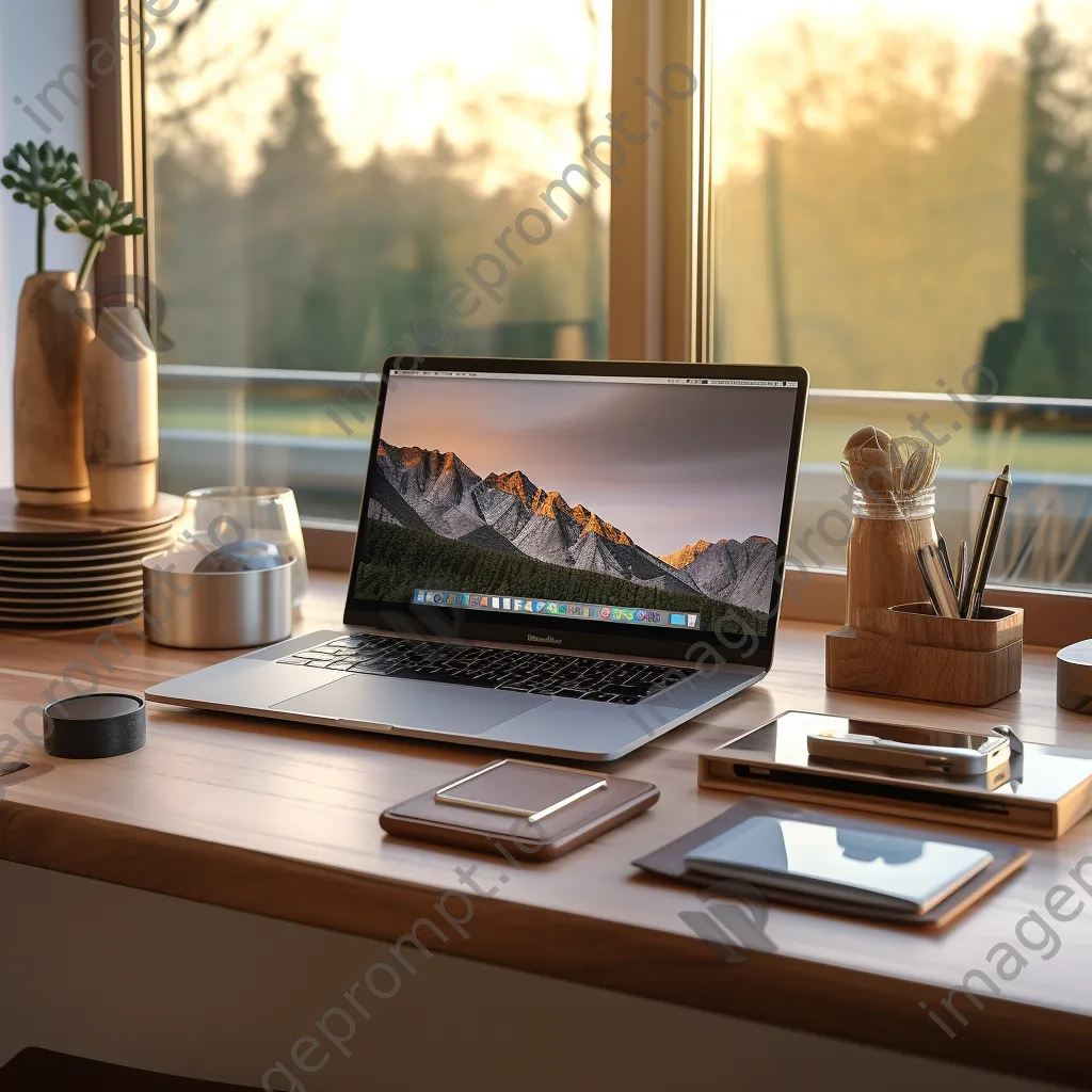 Neatly organized desk with modern office supplies and a laptop in soft morning light - Image 2