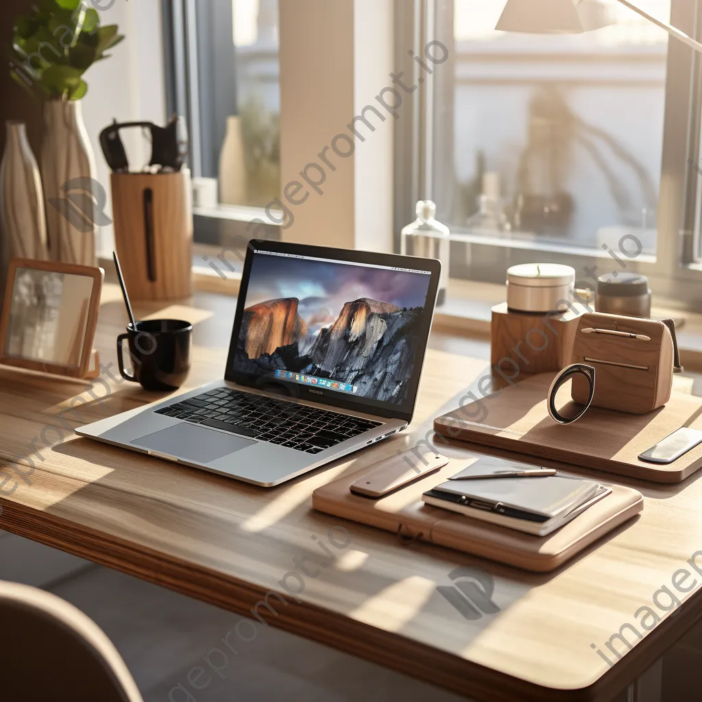 Neatly organized desk with modern office supplies and a laptop in soft morning light - Image 3