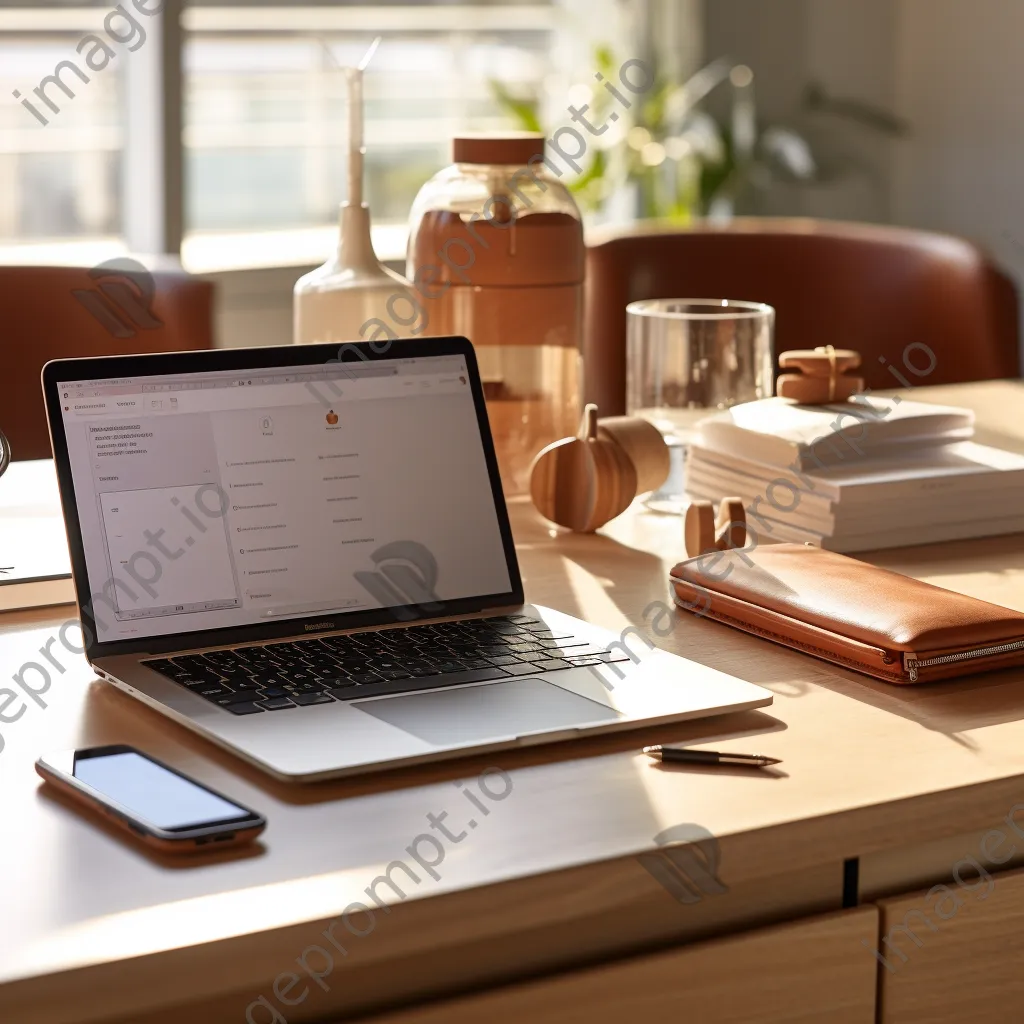 Neatly organized desk with modern office supplies and a laptop in soft morning light - Image 4