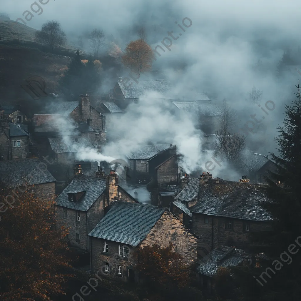 Misty valley village with fog and smoke from chimneys - Image 1