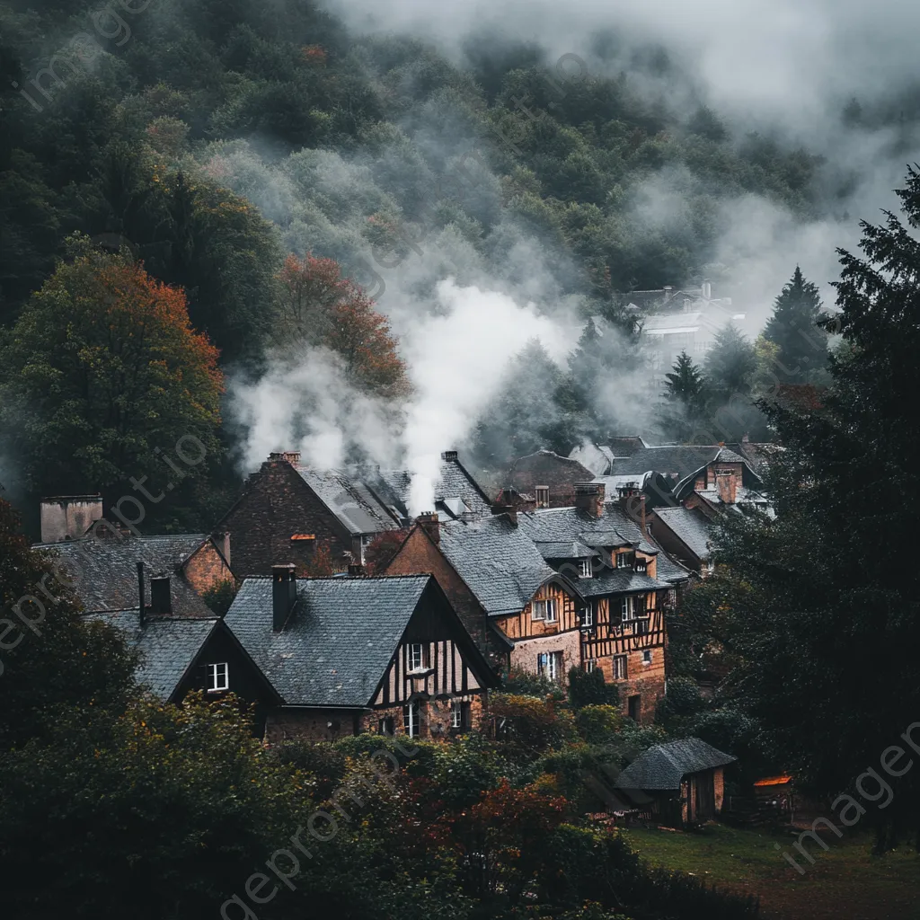 Misty valley village with fog and smoke from chimneys - Image 2