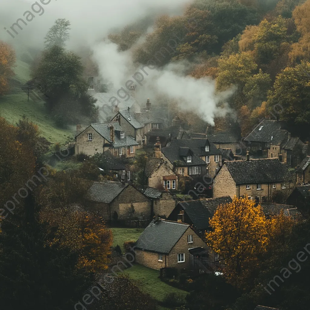 Misty valley village with fog and smoke from chimneys - Image 3