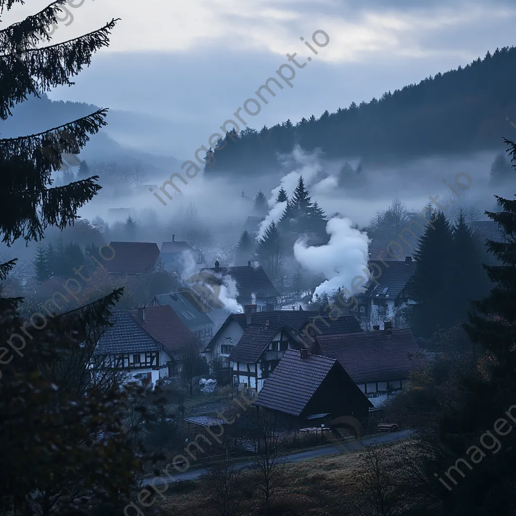 Misty valley village with fog and smoke from chimneys - Image 4