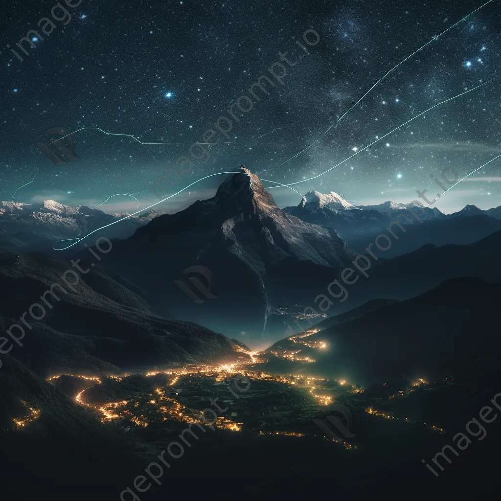 Light arcs forming constellations over a mountain landscape at night. - Image 2