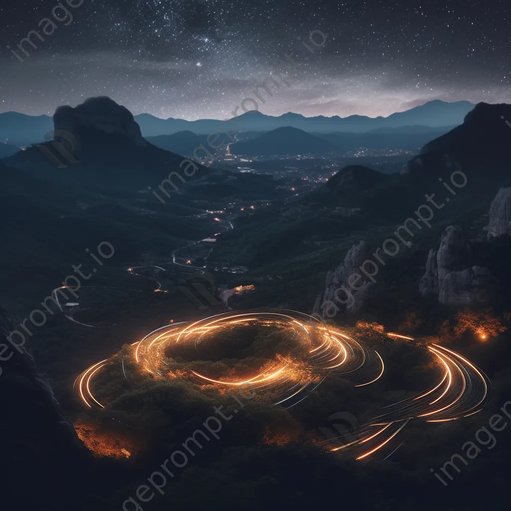 Light arcs forming constellations over a mountain landscape at night. - Image 3