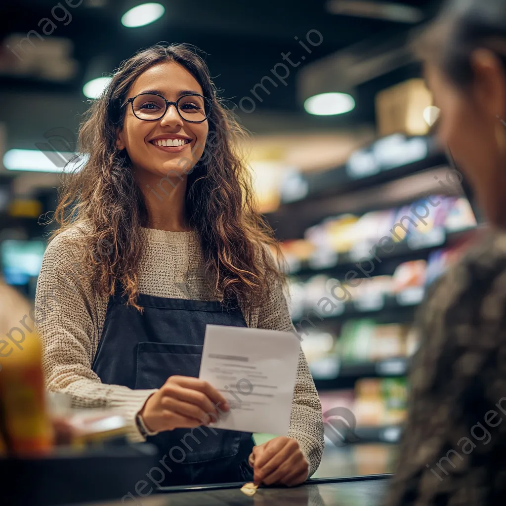 Cashier smiling while handing a receipt to a customer at the register. - Image 1