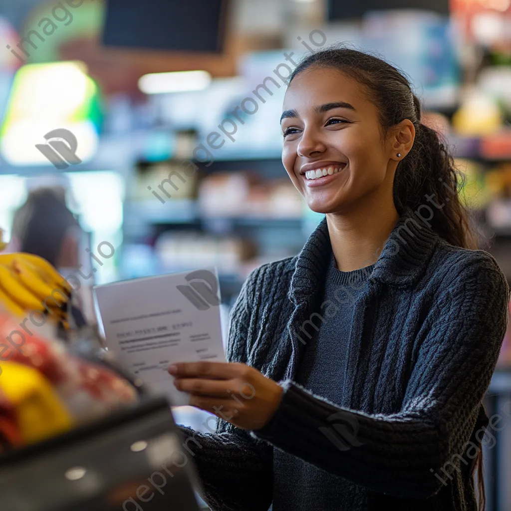 Cashier smiling while handing a receipt to a customer at the register. - Image 3