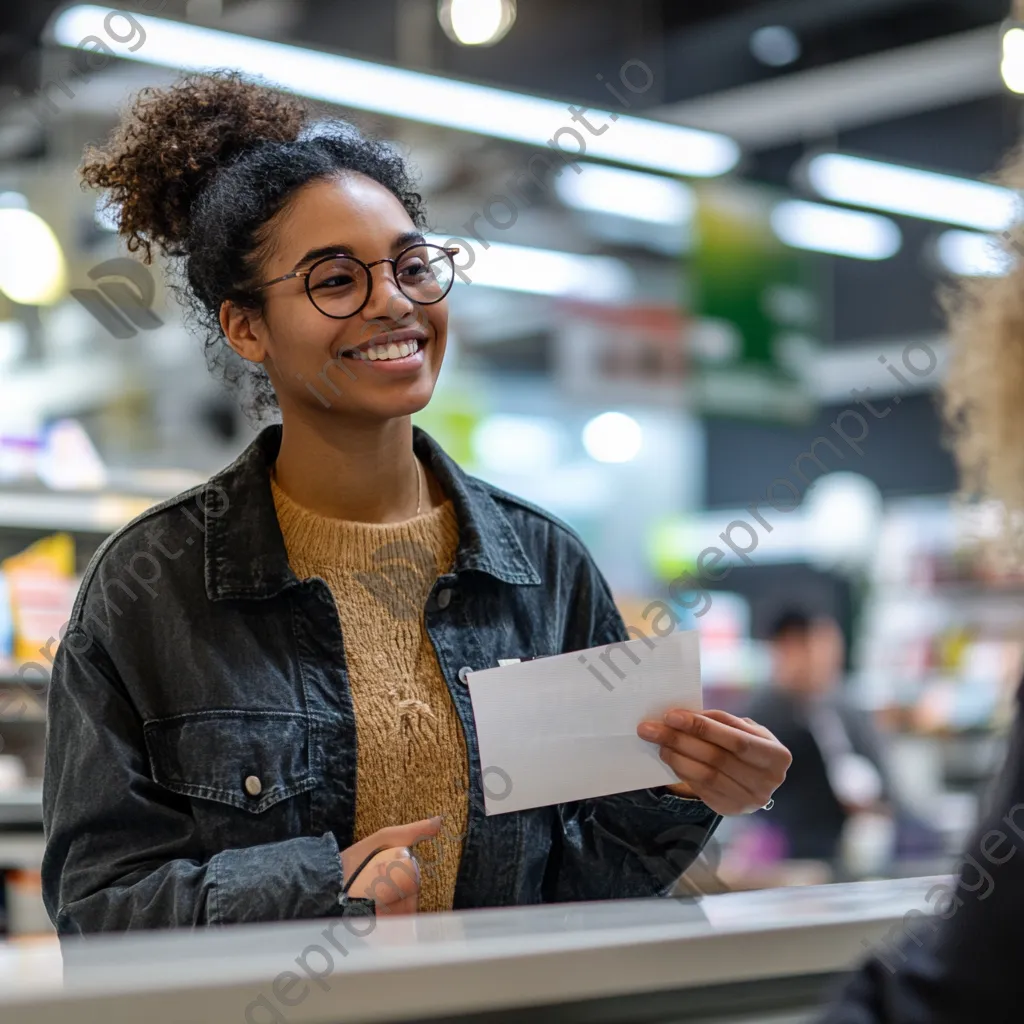 Cashier smiling while handing a receipt to a customer at the register. - Image 4