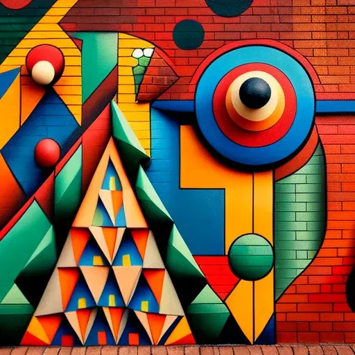 Vibrant geometric mural painted on a brick wall - Image 3