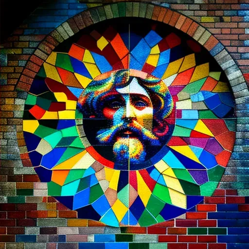 Vibrant geometric mural painted on a brick wall - Image 4