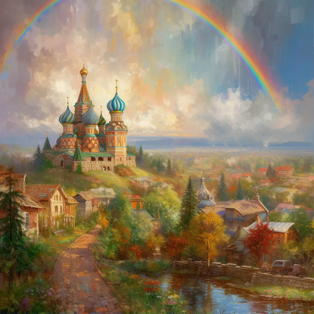 Chaotic cityscape transitioning into peaceful countryside with rainbow - Image 1