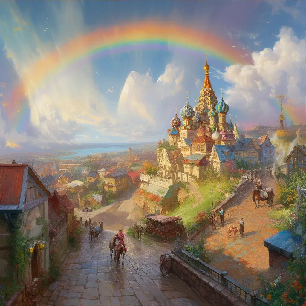 Chaotic cityscape transitioning into peaceful countryside with rainbow - Image 3