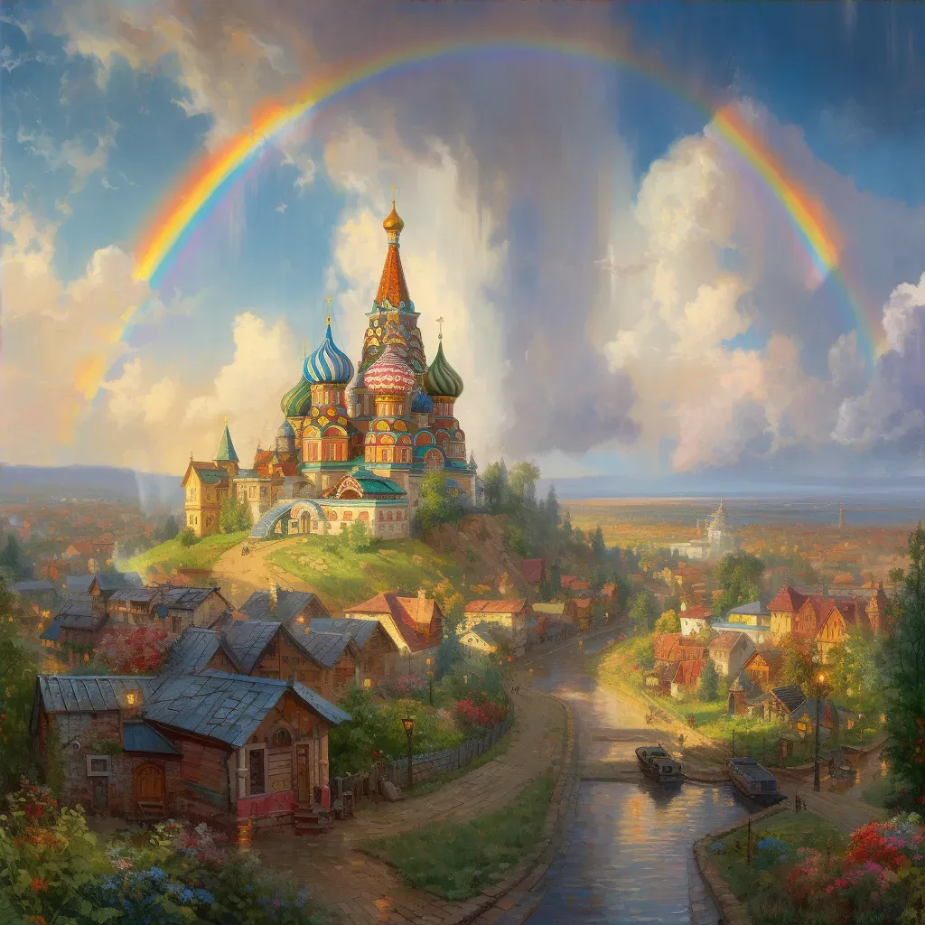 Chaotic cityscape transitioning into peaceful countryside with rainbow - Image 4