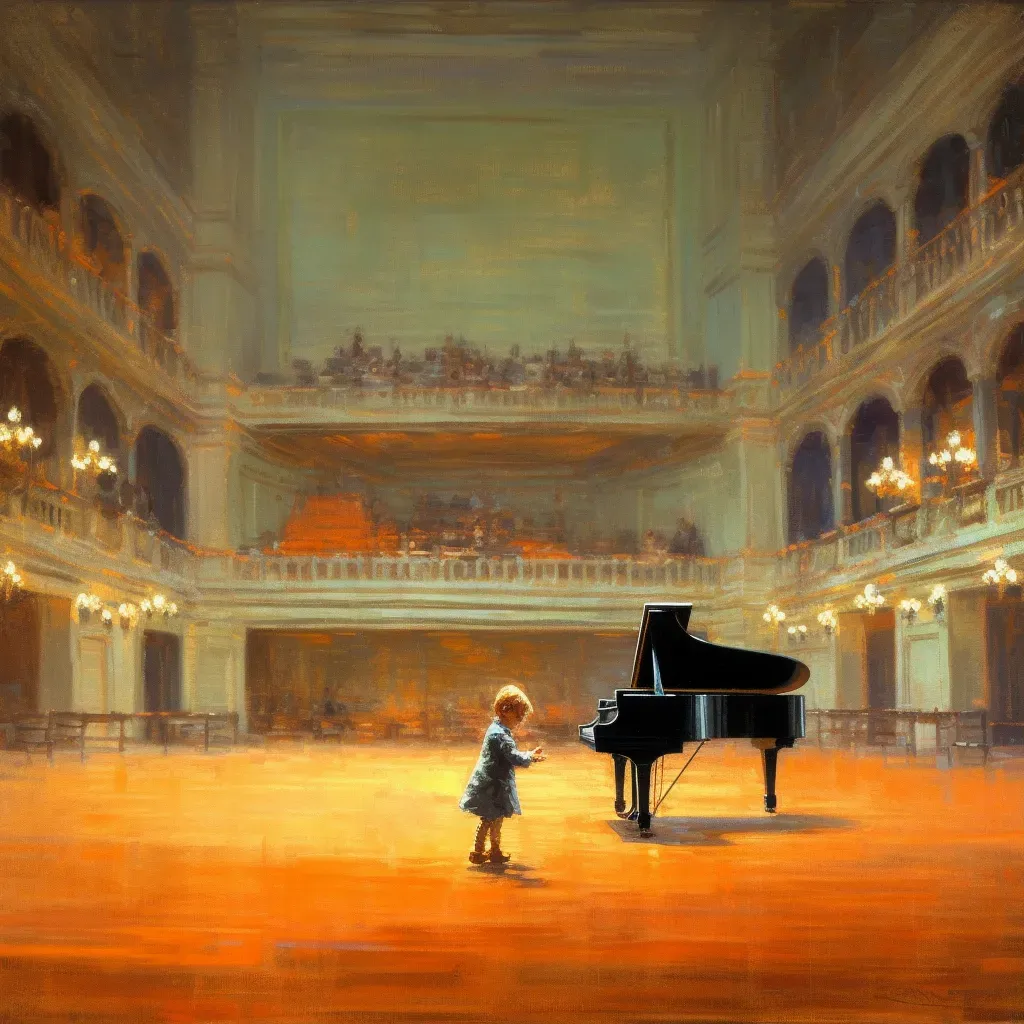 Child playing a grand piano in an empty concert hall - Image 1