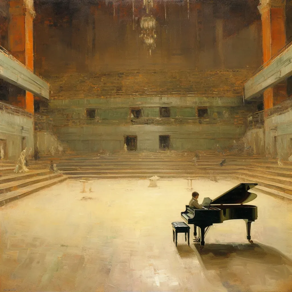 Child playing a grand piano in an empty concert hall - Image 2