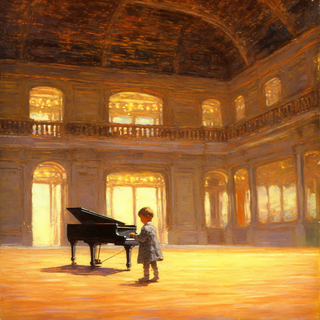 Child playing a grand piano in an empty concert hall - Image 3