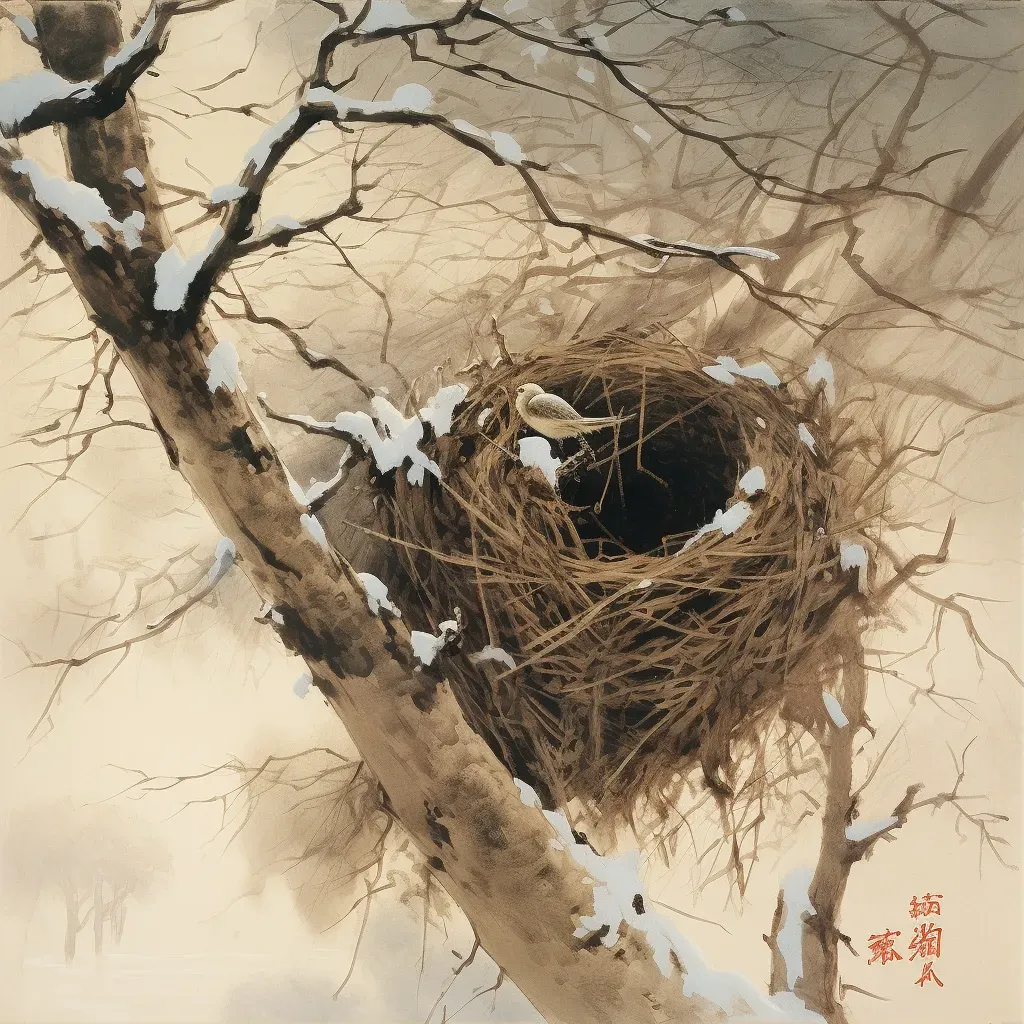 Artistic depiction of empty nest in tree as winter approaches, symbolizing life cycle - Image 1