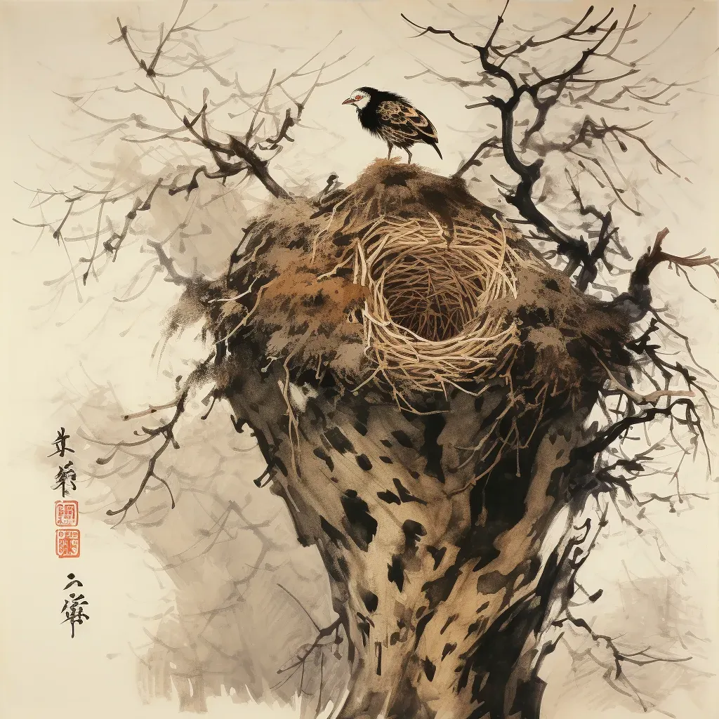 Artistic depiction of empty nest in tree as winter approaches, symbolizing life cycle - Image 3