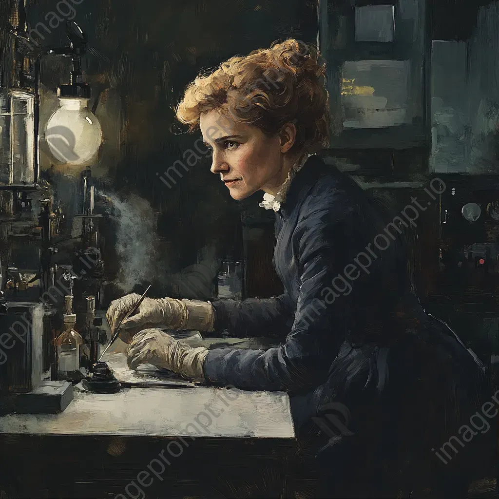 Chiaroscuro painting of Marie Curie engrossed in research at her lab desk - Image 1