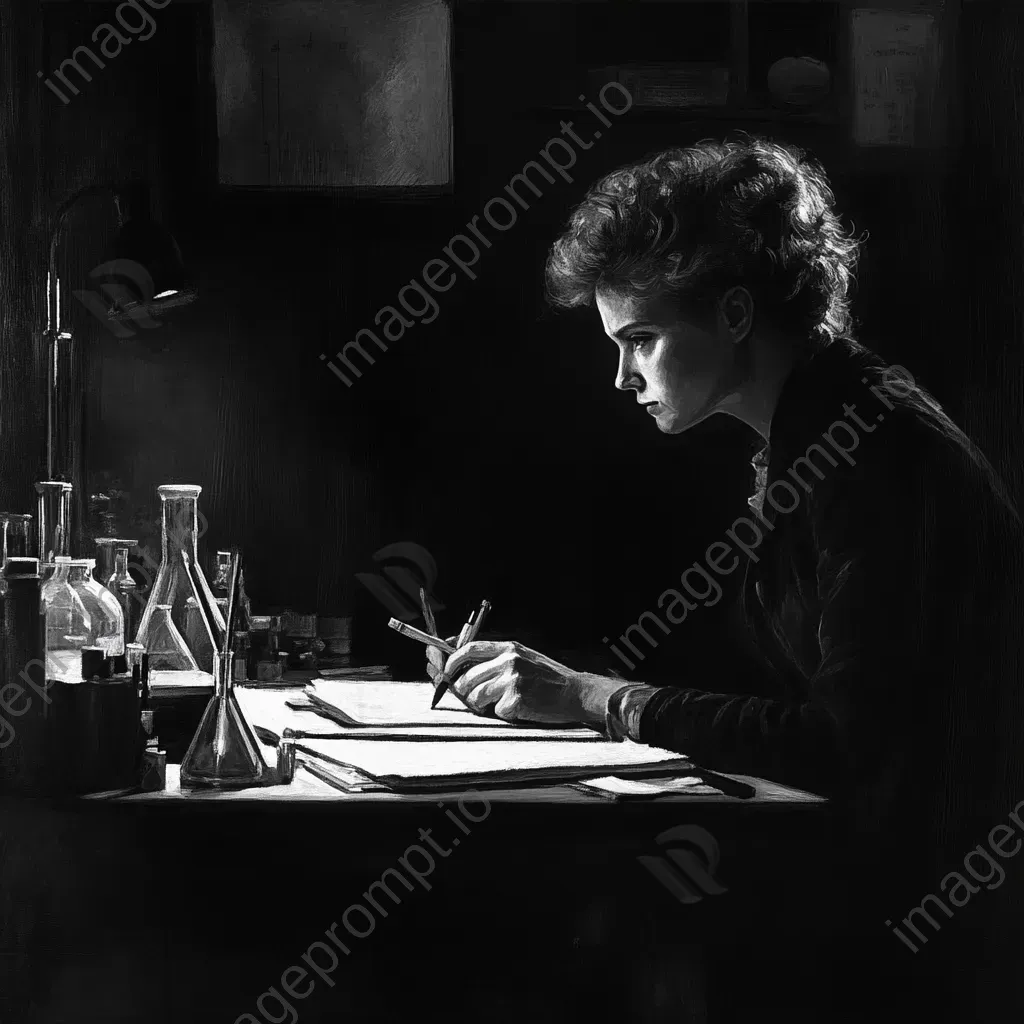 Chiaroscuro painting of Marie Curie engrossed in research at her lab desk - Image 3