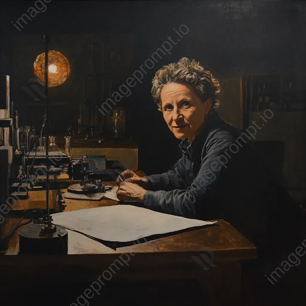 Chiaroscuro painting of Marie Curie engrossed in research at her lab desk - Image 4