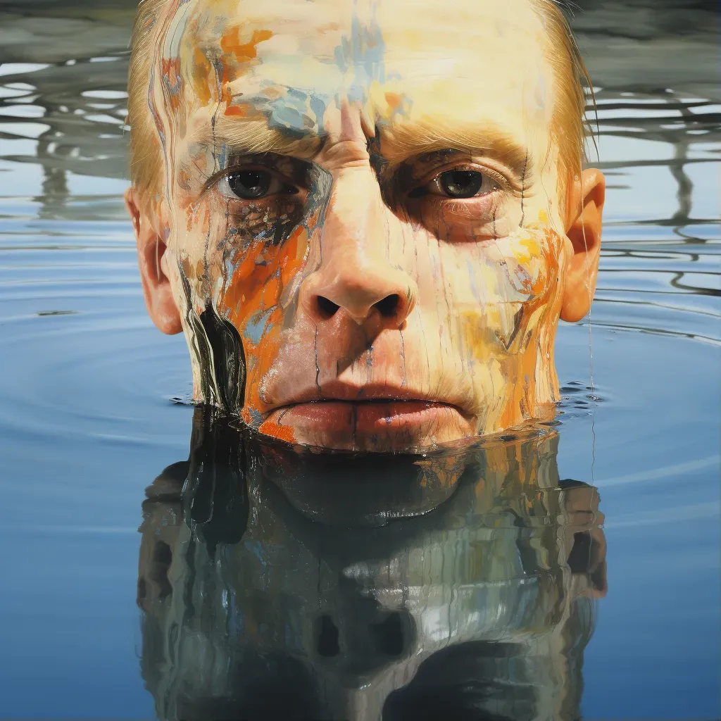 Image of a weathered face reflected on a pond