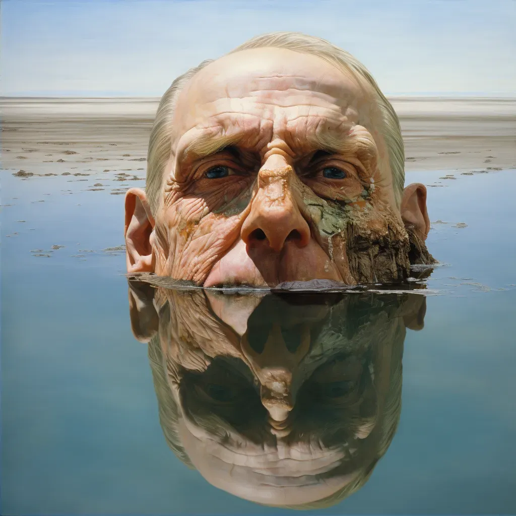 Image of a weathered face reflected on a pond