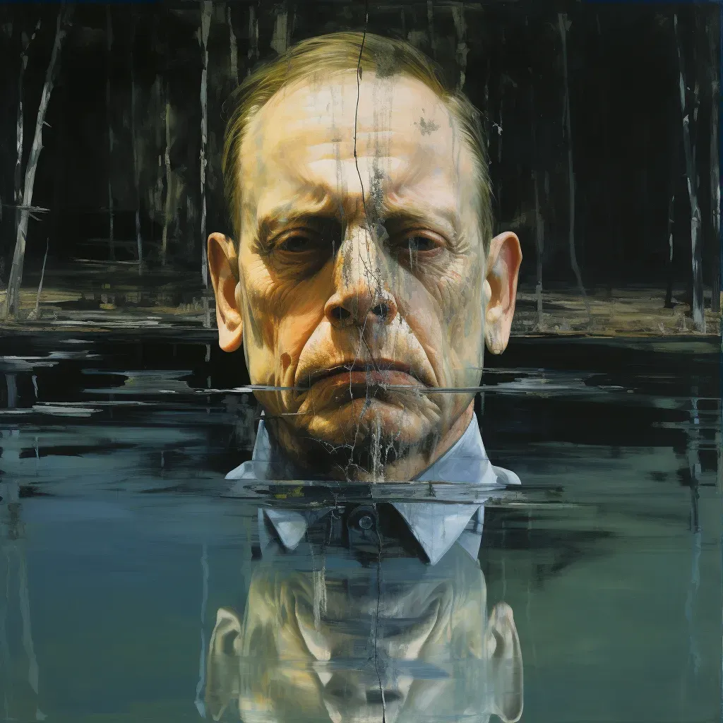 Image of a weathered face reflected on a pond