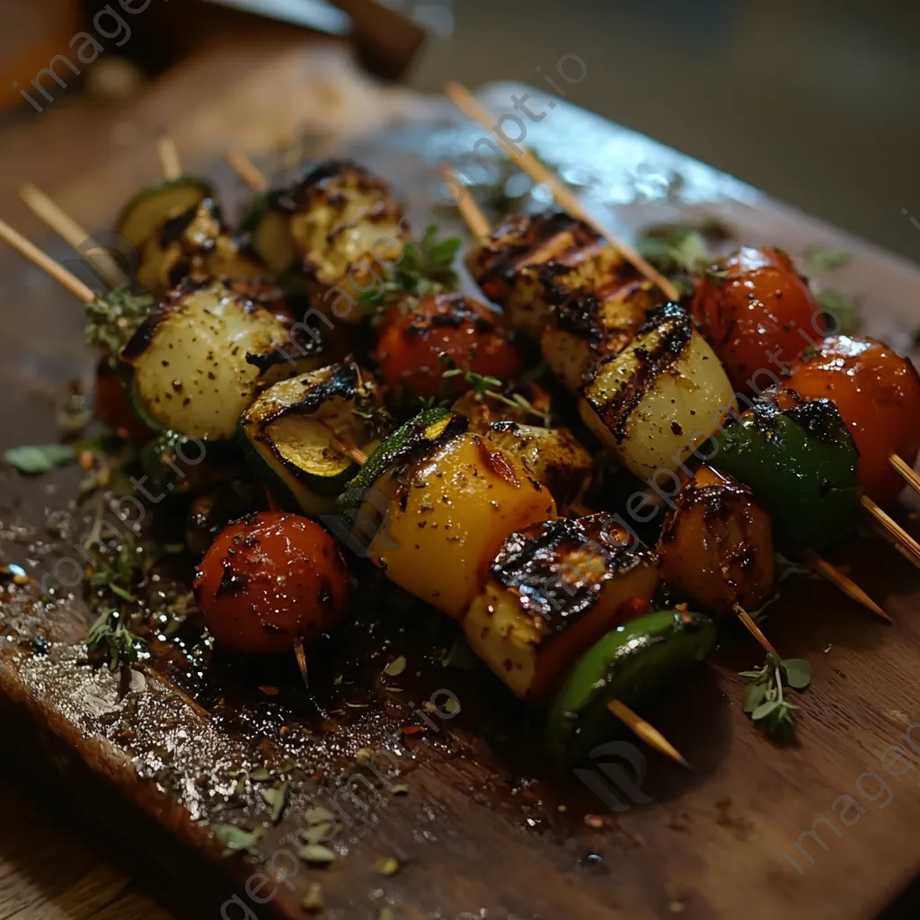 Grilled vegetable skewers arranged on a rustic wooden board - Image 1