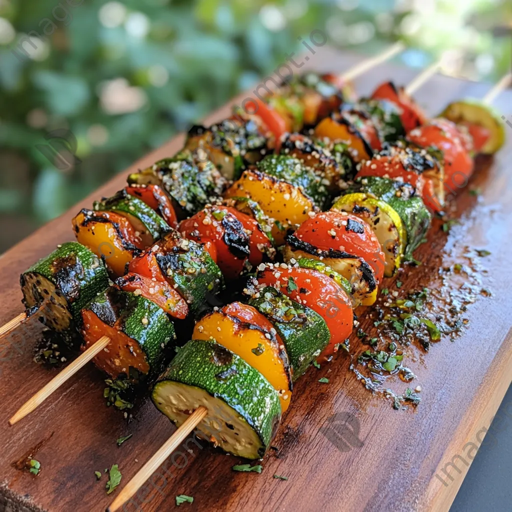 Grilled vegetable skewers arranged on a rustic wooden board - Image 2