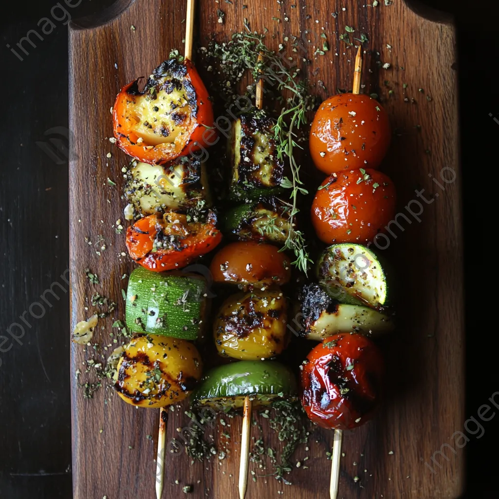 Grilled vegetable skewers arranged on a rustic wooden board - Image 3