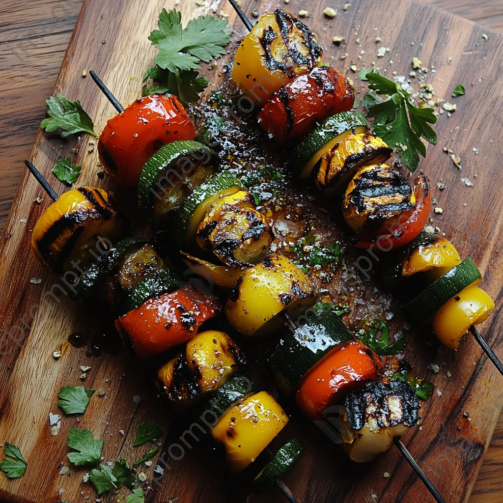 Grilled vegetable skewers arranged on a rustic wooden board - Image 4