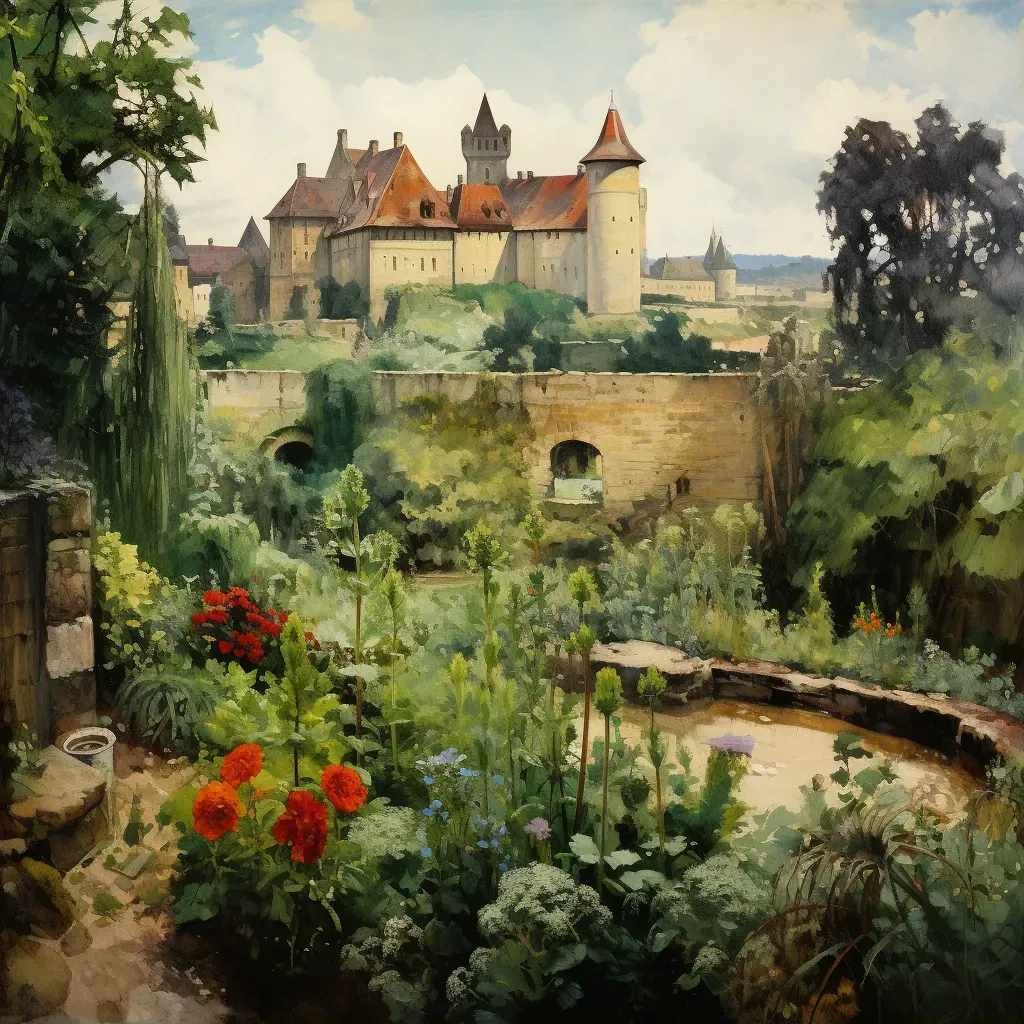 Image of a walled medieval herb garden with a well and castle in the background - Image 1