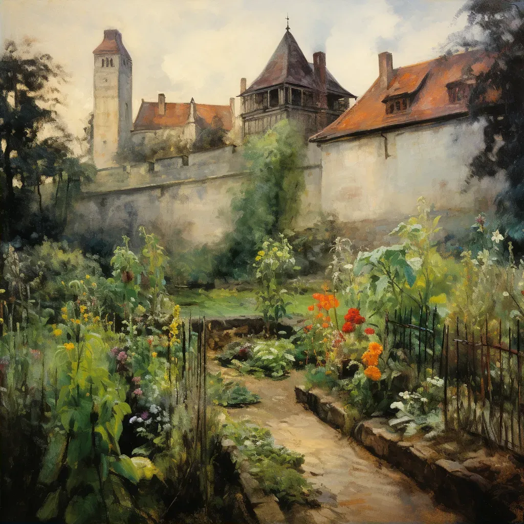 Image of a walled medieval herb garden with a well and castle in the background - Image 2