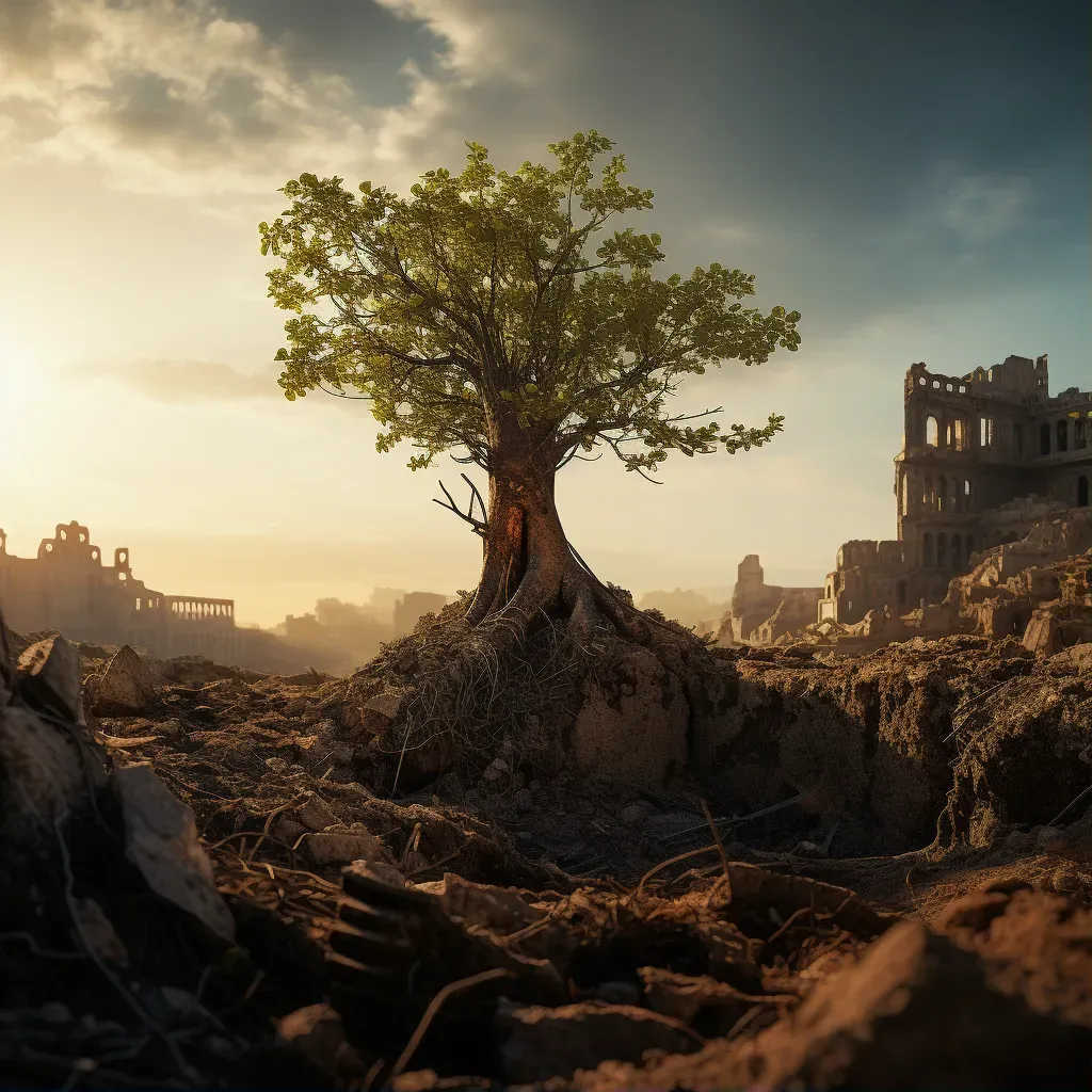 Illustration of a young tree growing in the midst of ancient ruins - Image 1