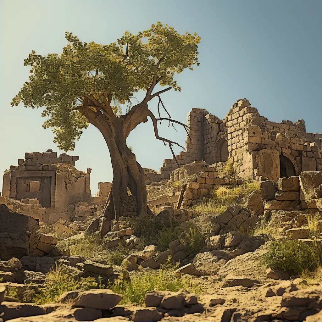 Illustration of a young tree growing in the midst of ancient ruins - Image 2