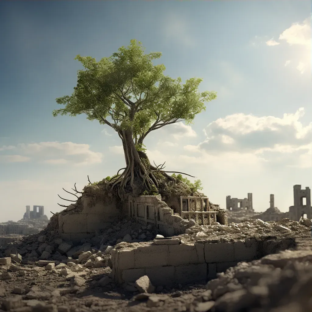 Illustration of a young tree growing in the midst of ancient ruins - Image 3