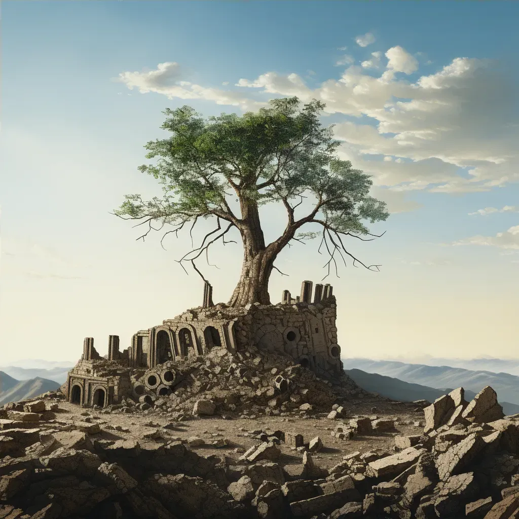 Illustration of a young tree growing in the midst of ancient ruins - Image 4