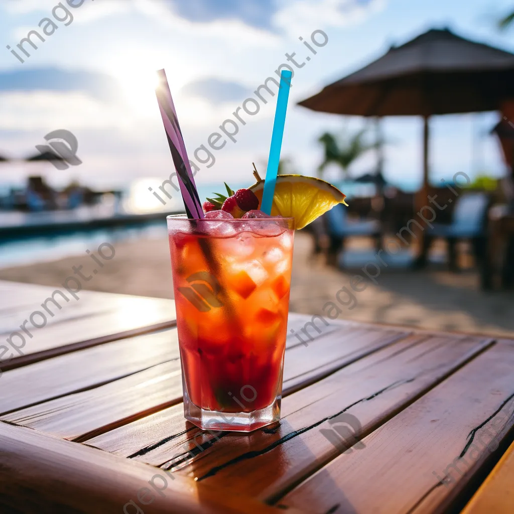 Close-up of a tropical drink on a seaside table with blurred beach scenery in the background. - Image 1