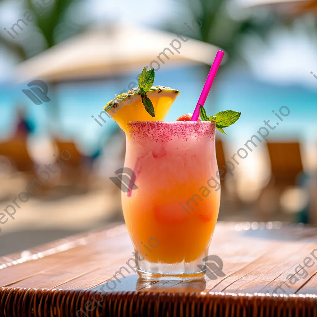 Close-up of a tropical drink on a seaside table with blurred beach scenery in the background. - Image 2