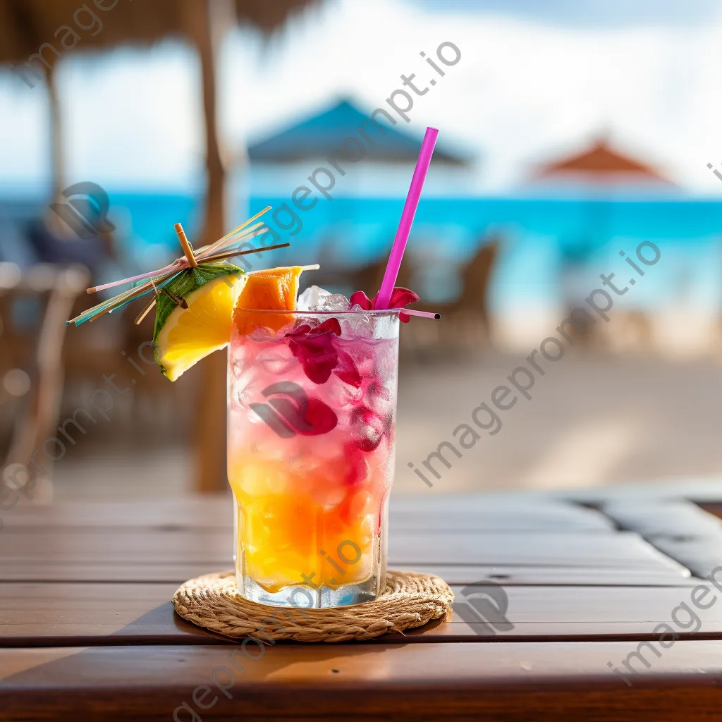 Close-up of a tropical drink on a seaside table with blurred beach scenery in the background. - Image 3