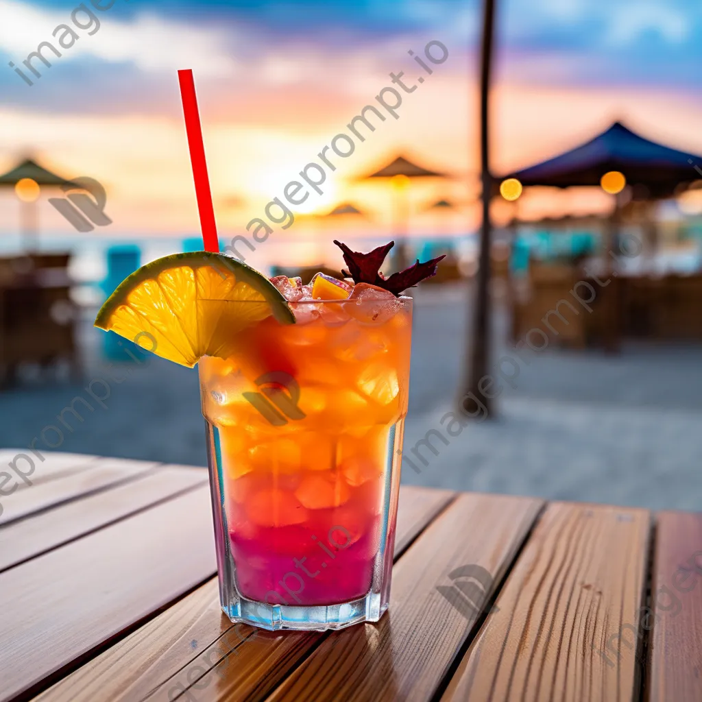 Close-up of a tropical drink on a seaside table with blurred beach scenery in the background. - Image 4