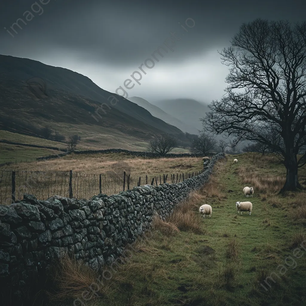 Dry stone wall in highlands with sheep grazing under a dramatic sky. - Image 1