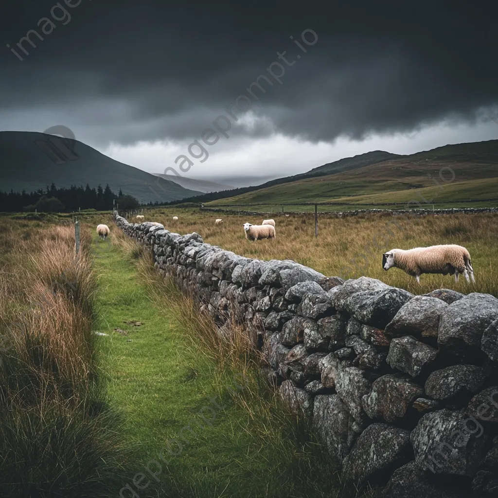 Dry stone wall in highlands with sheep grazing under a dramatic sky. - Image 2