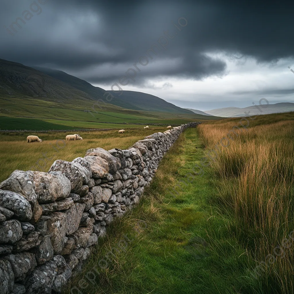 Dry stone wall in highlands with sheep grazing under a dramatic sky. - Image 3