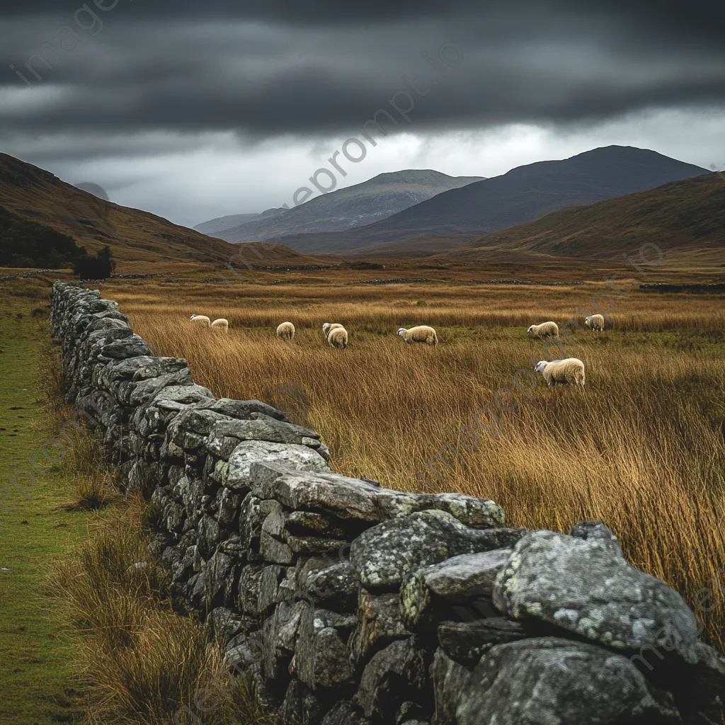 Dry stone wall in highlands with sheep grazing under a dramatic sky. - Image 4