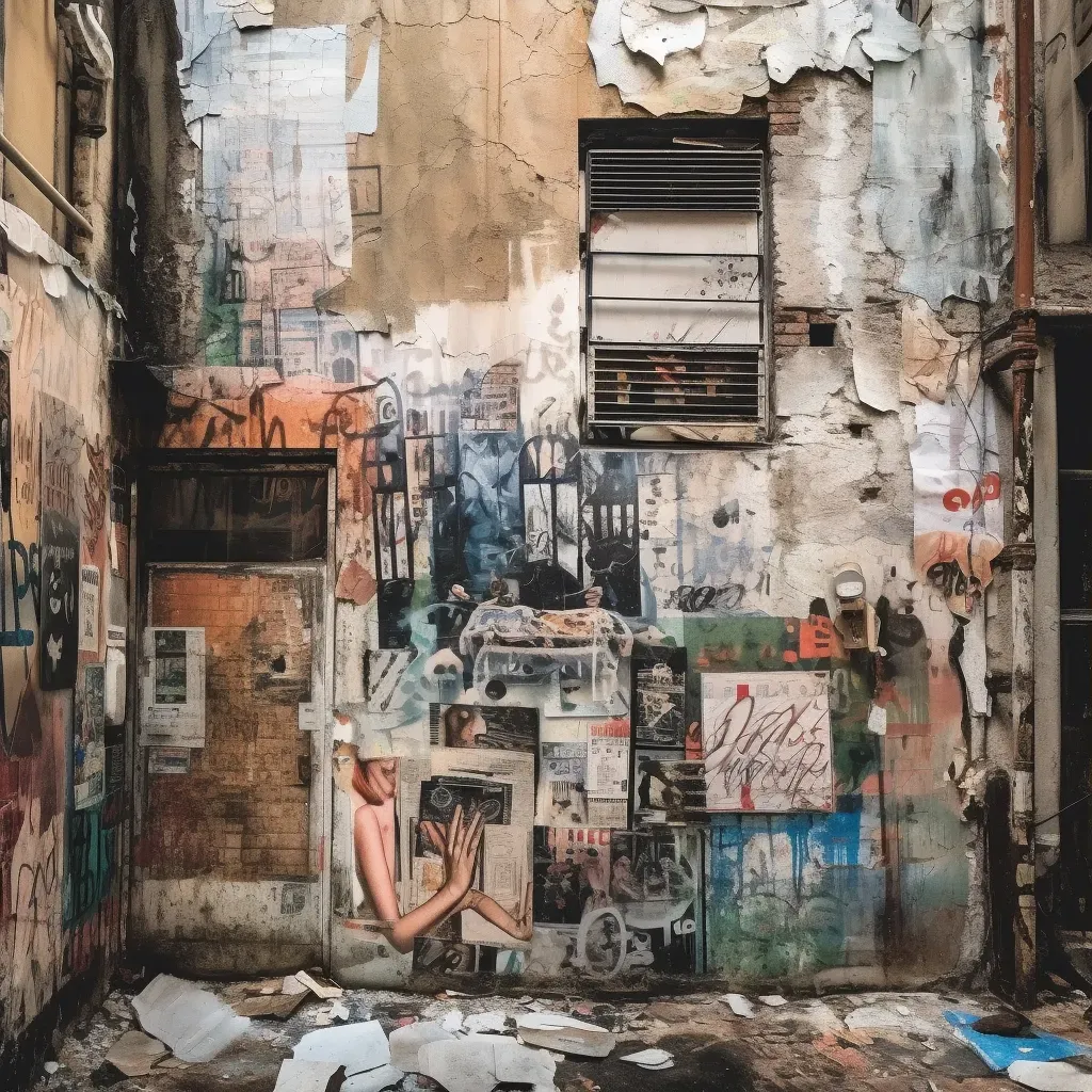 Image of a faded wall with layers of old posters, graffiti, and street art telling stories of the city