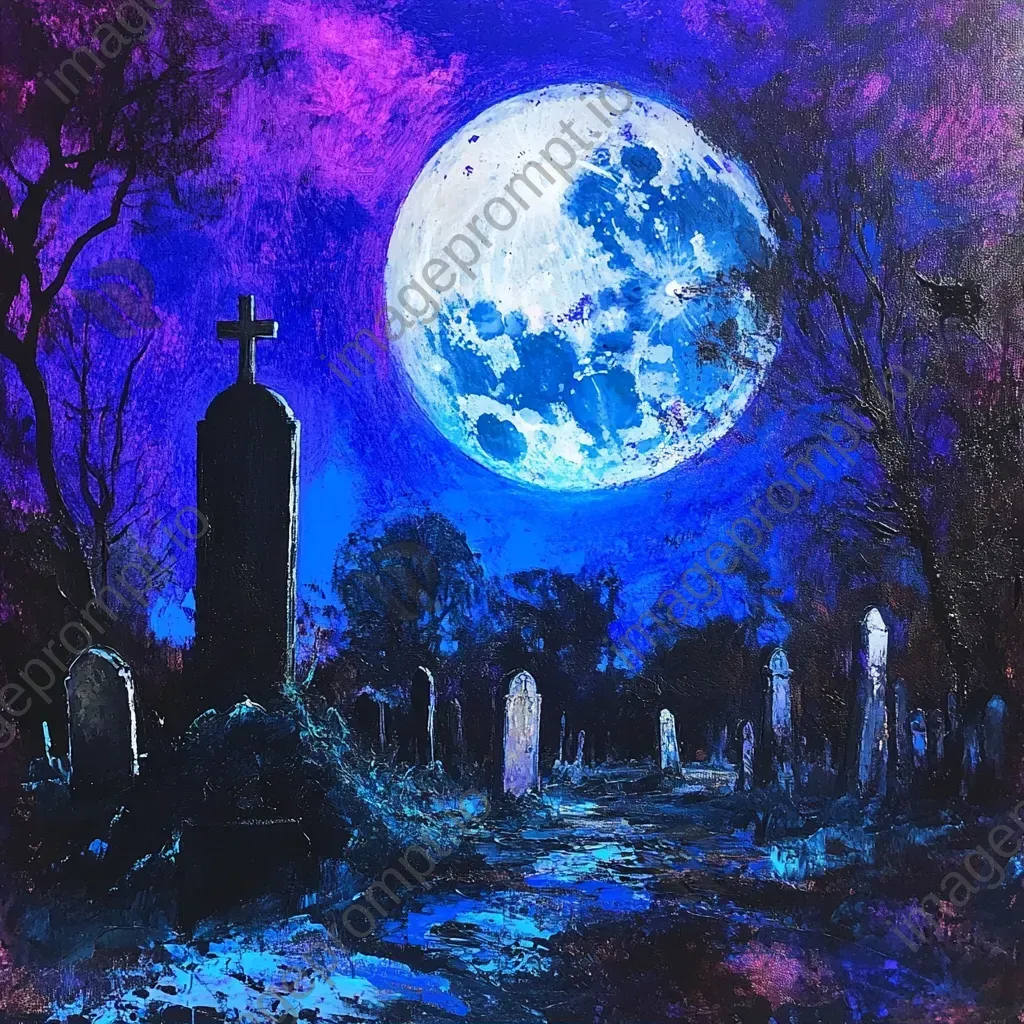 Acrylic splattering painting of an eerie lunar eclipse over a deserted graveyard with deep blues and purples - Image 1