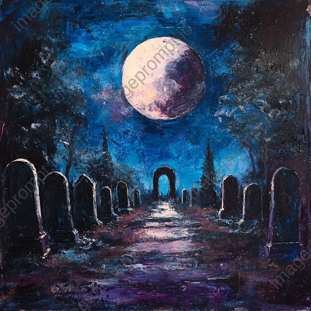 Acrylic splattering painting of an eerie lunar eclipse over a deserted graveyard with deep blues and purples - Image 2